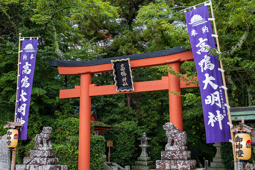 高鴨神社大鳥居と高鴨大明神と記された紫色のぼり